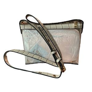 Clear Zipper Cross Body Bag with Vegan Leather Trim in Tan